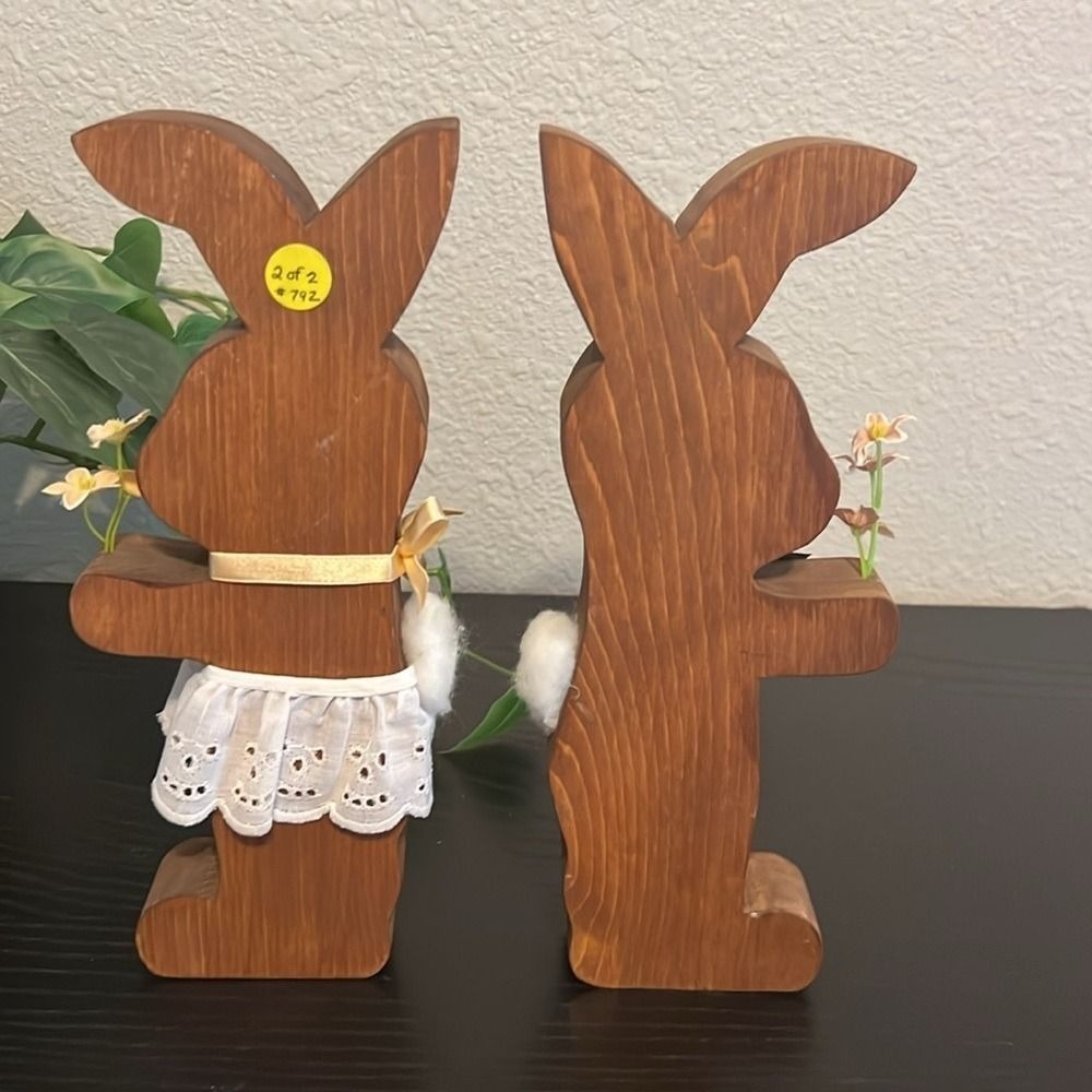 Vintage Handmade Wood Easter Bunny Rabbit Couple Folk Art Spring Decor Set of 2 - Picture 3 of 6